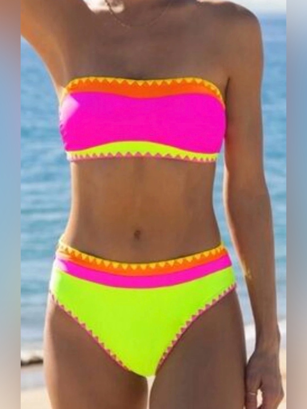 NEW Neon Colorblock High Waisted Women's Popvil Bikini Set XL Pink Orange Yellow